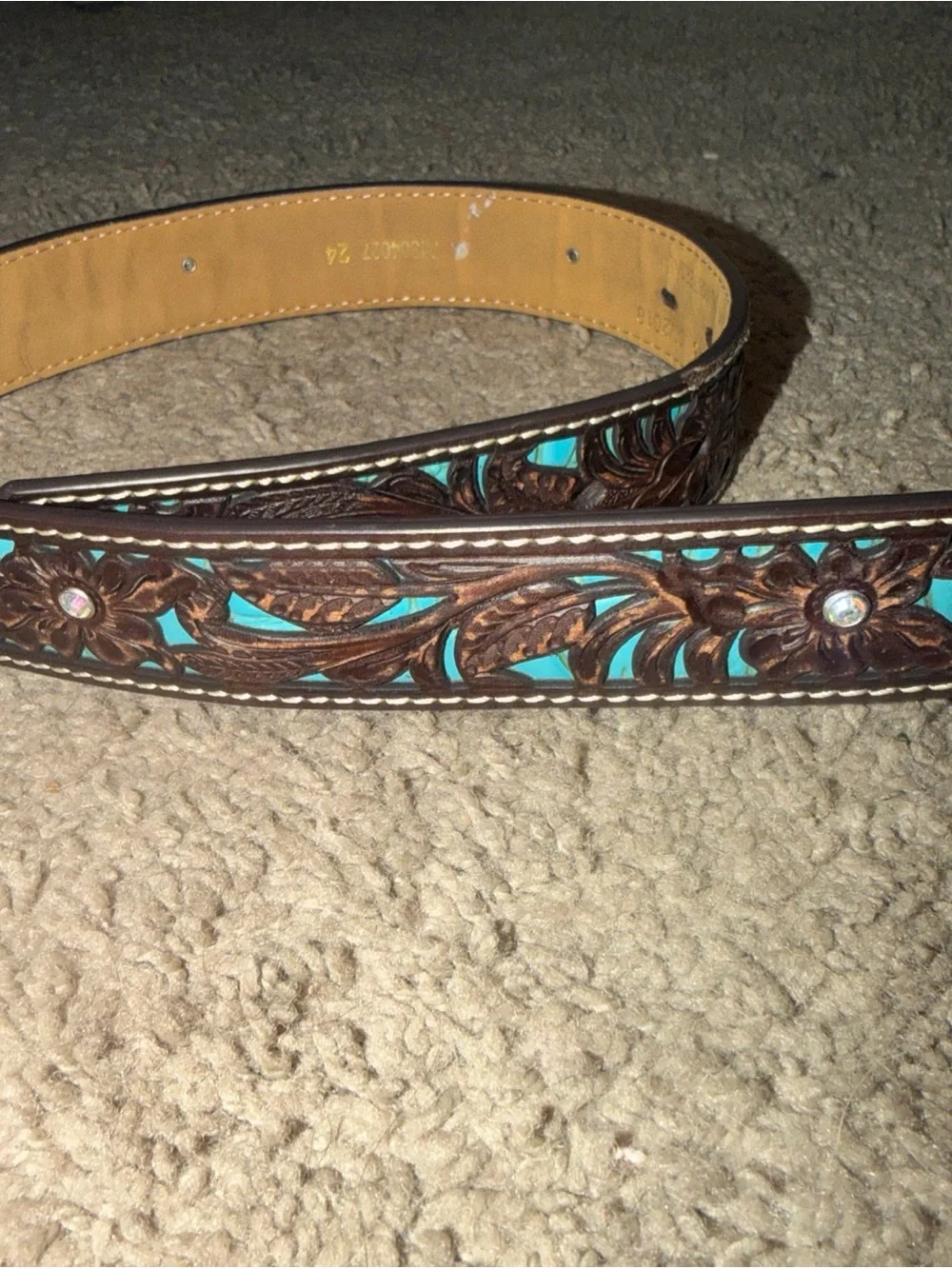 Ariat Brown Leather Kids Belt with Silver Floral Buckle and Turquoise Accent